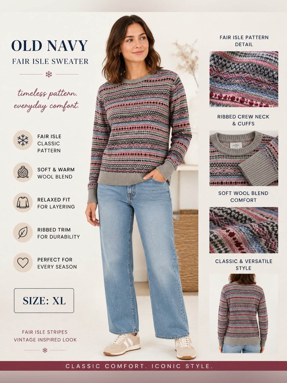 Fair isle crew neck wool cotton blend striped multicolor XL